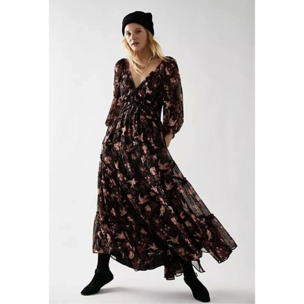 Free People You're A Jewel Maxi Dress Black Rose Floral Bird XS NWT.